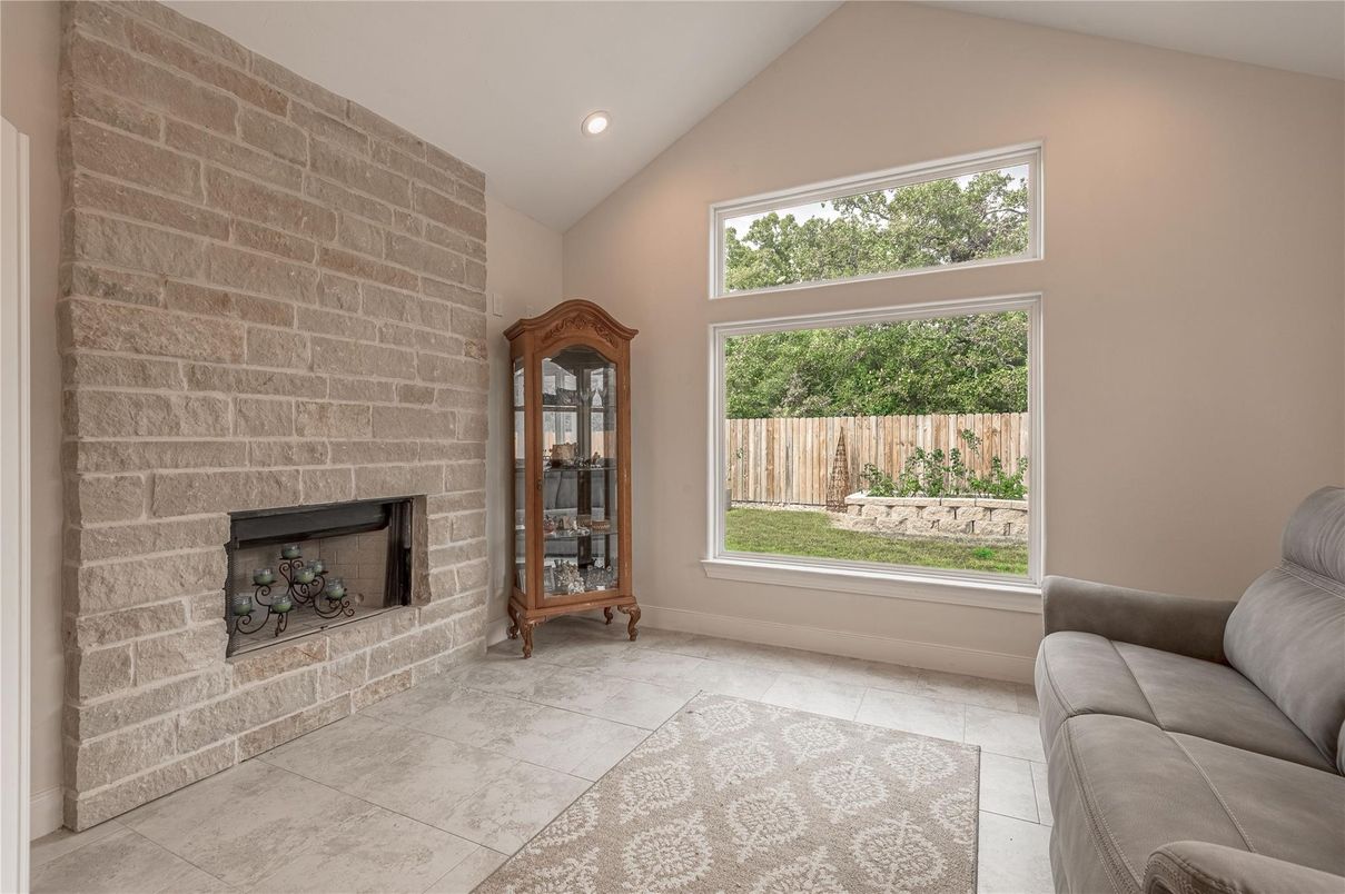 Fireplace, Interior, Recessed Lighting, Stone Walls