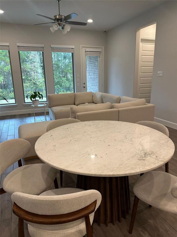 Dining room, Interior, Living room, Recessed Lighting, Wood Texture Flooring