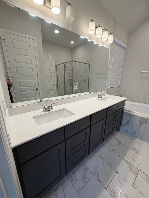 Bathroom, Dual Sink Vanities, Interior, Marble, Recessed Lighting