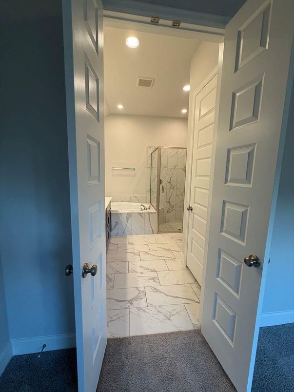 Bathroom, Glass Shower, Interior, Marble, Recessed Lighting