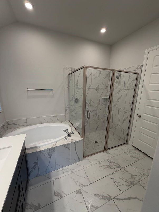 Bathroom, Glass Shower, Interior, Marble, Marble Walls, Recessed Lighting