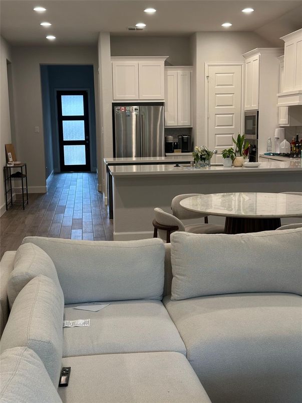 Interior, Kitchen, Living room, Recessed Lighting, Stainless Steel Appliances, Wood Texture Flooring