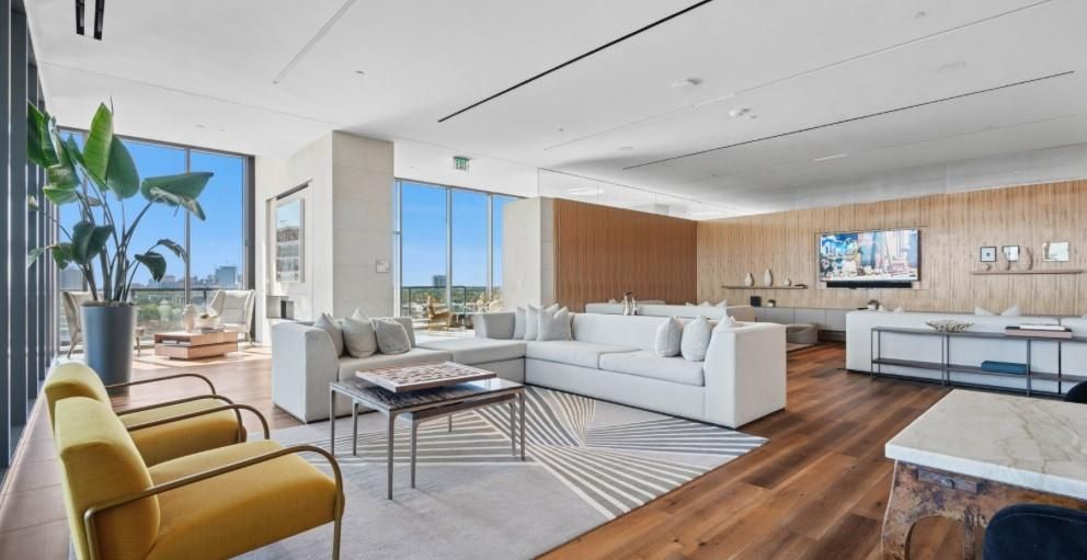 Interior, Living room, Pendant Lights, Recessed Lighting, Wood Texture Flooring, Wooden Walls