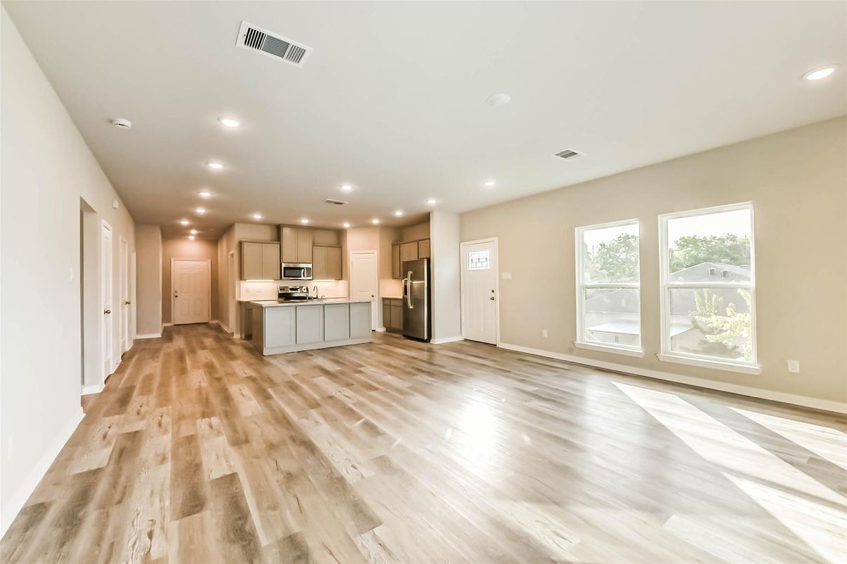 Empty room, Interior, Kitchen, Recessed Lighting, Wood Texture Flooring