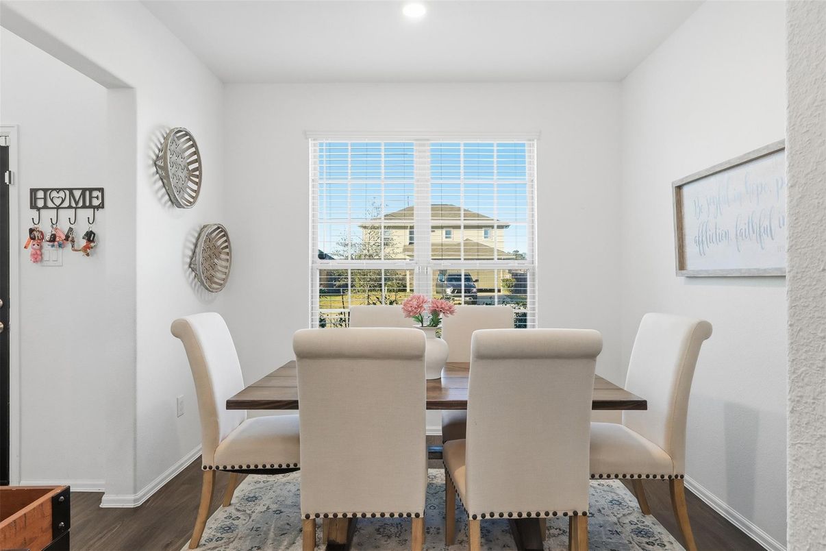 Dining room, Interior, Recessed Lighting, Wood Texture Flooring