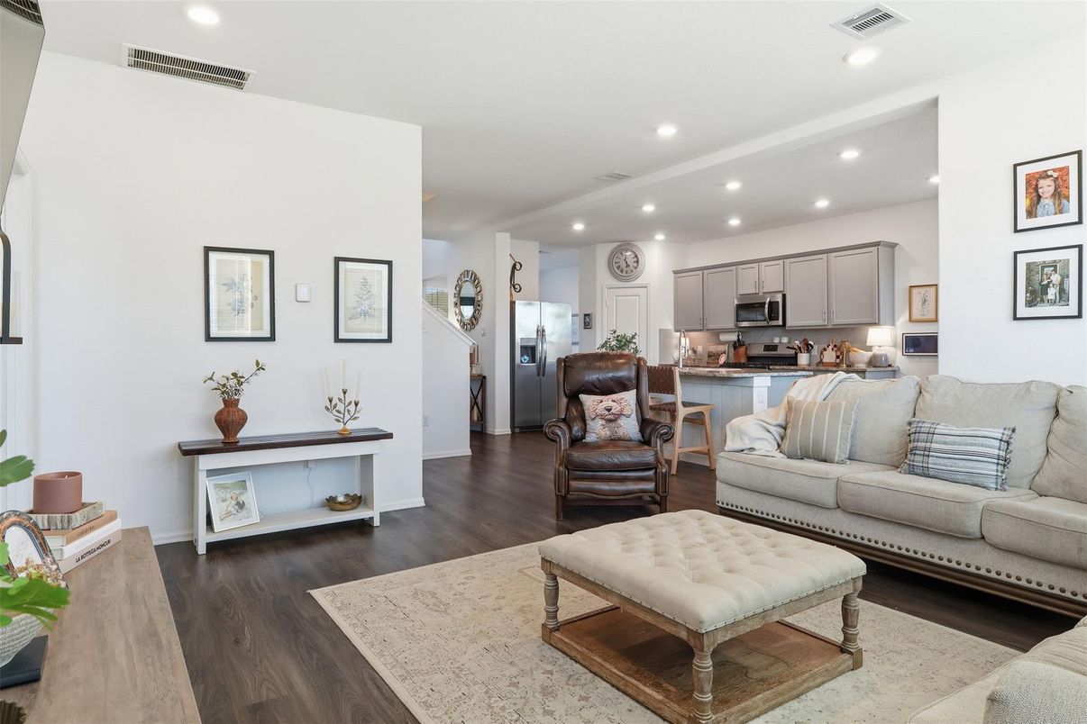 Interior, Kitchen, Living room, Recessed Lighting, Wood Texture Flooring