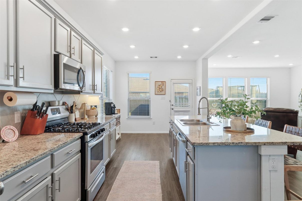 Interior, Kitchen, Recessed Lighting, Stainless Steel Appliances, Wood Texture Flooring