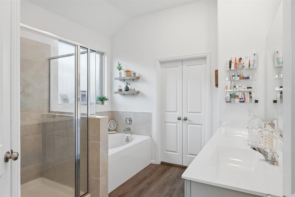 Bathroom, Dual Sink Vanities, Glass Shower, Interior, Wood Texture Flooring