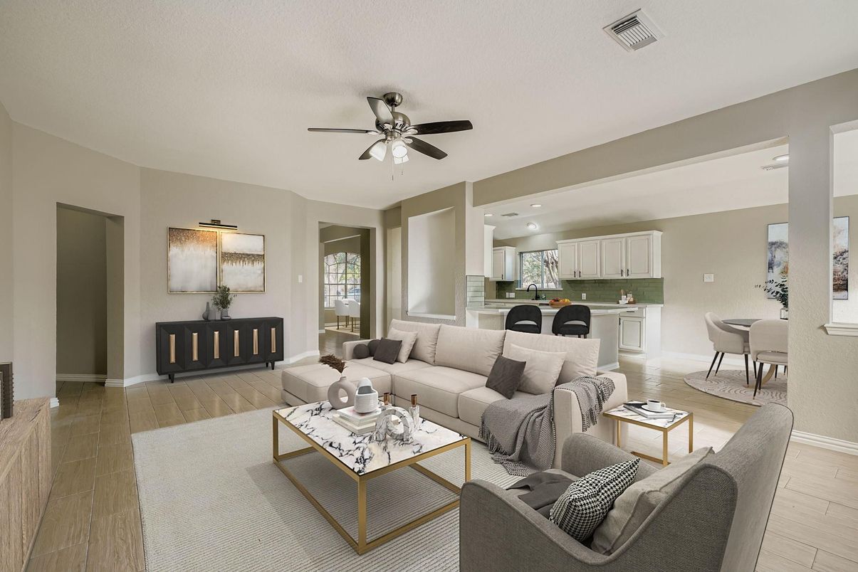 Dining room, Interior, Kitchen, Living room, Recessed Lighting, Wood Texture Flooring