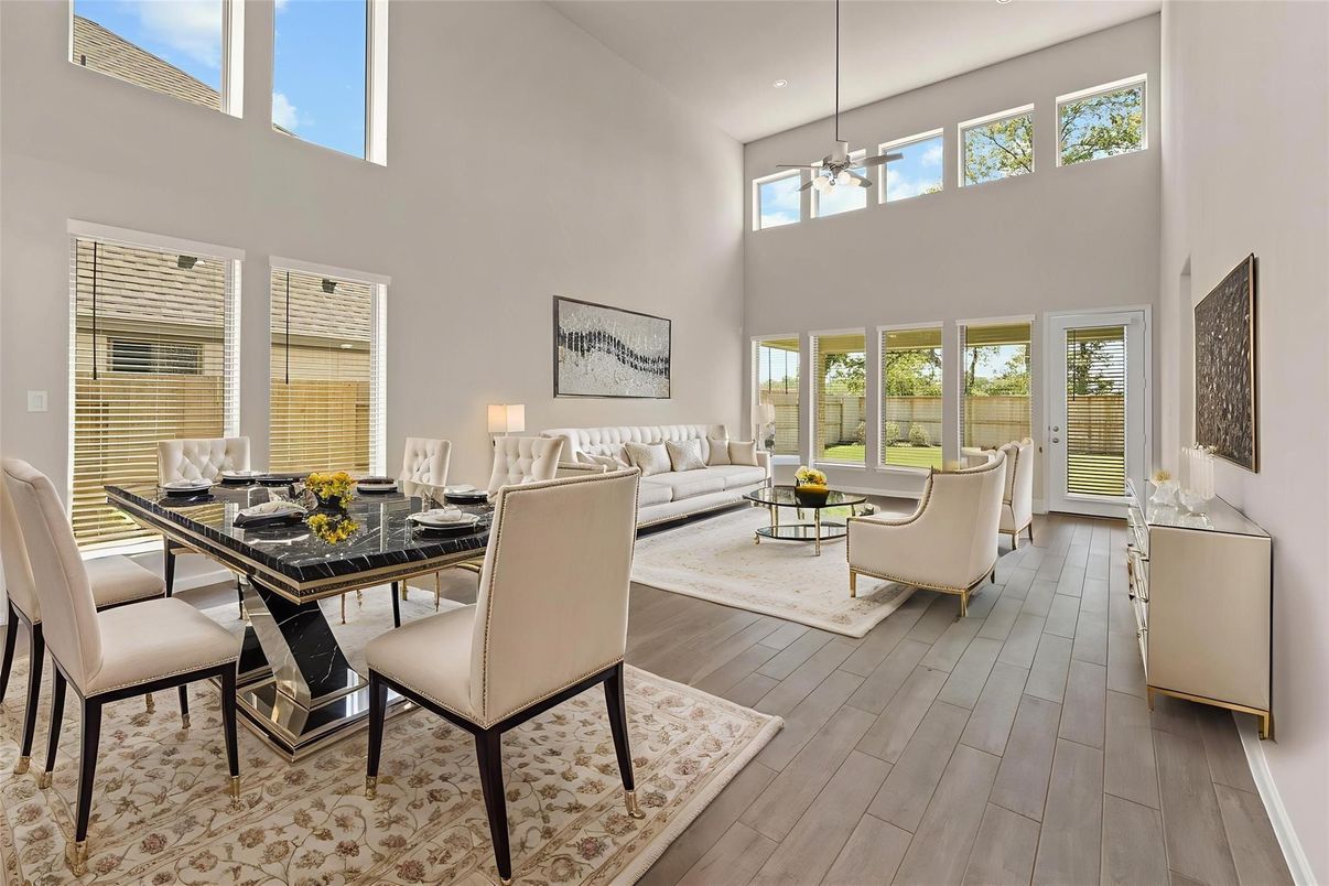 Dining room, Interior, Living room, Recessed Lighting, Wood Texture Flooring