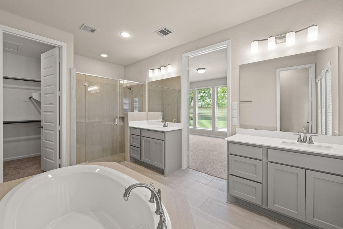 Bathroom, Dual Sink Vanities, Free Standing Baths, Glass Shower, Interior, Recessed Lighting, Walk-in Closets