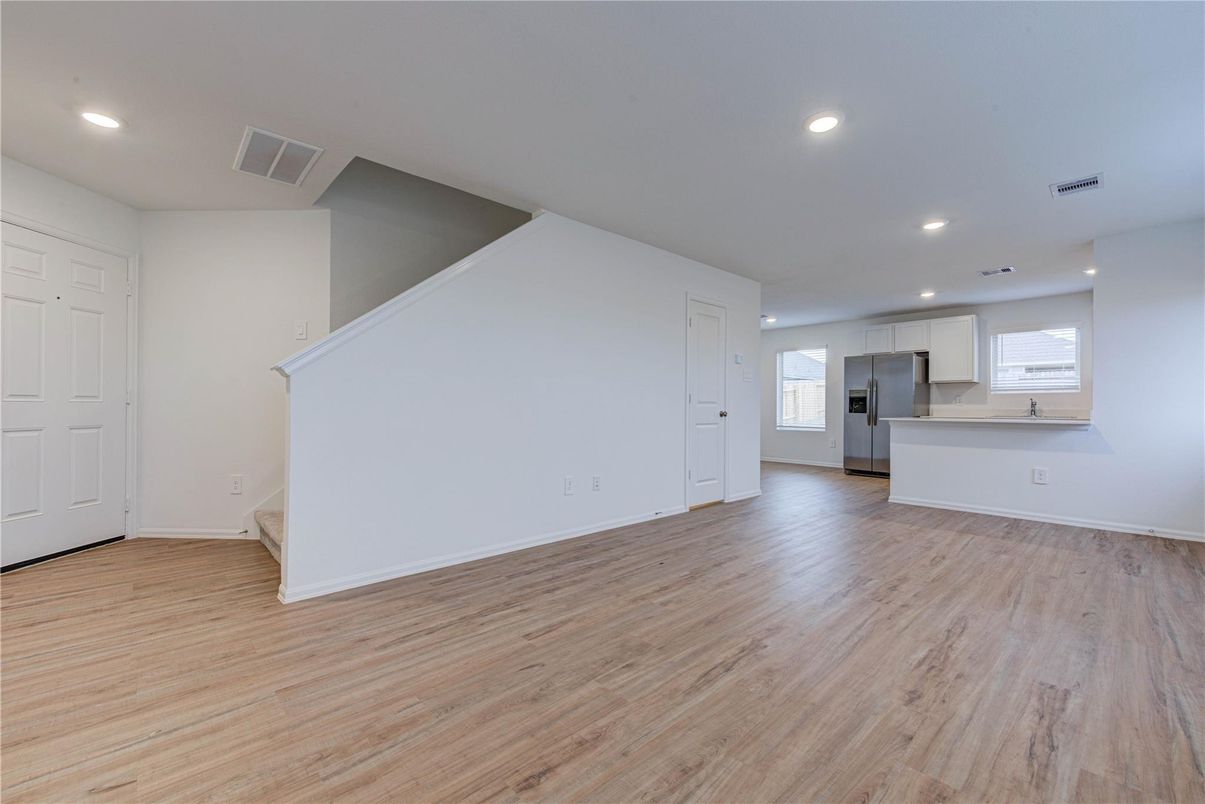 Empty room, Interior, Kitchen, Recessed Lighting, Wood Texture Flooring