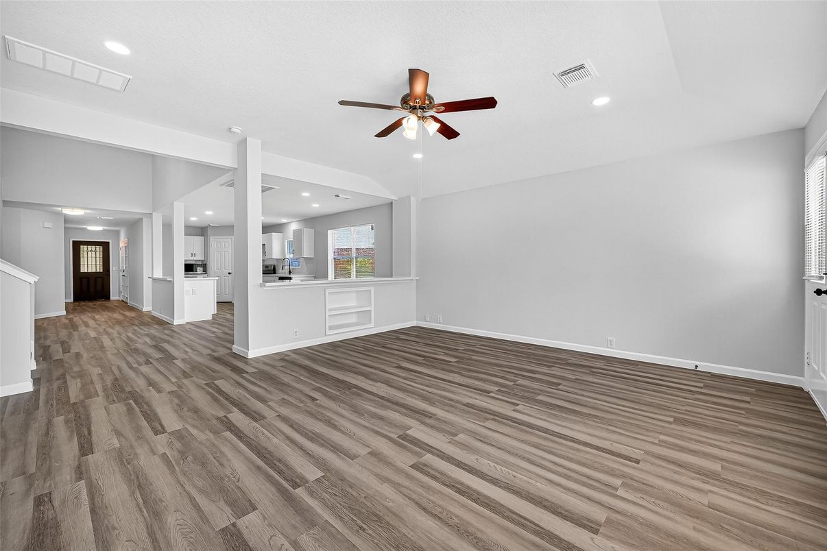 Empty room, Interior, Kitchen, Recessed Lighting, Wood Texture Flooring
