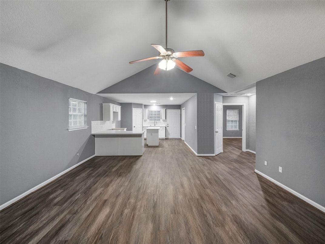 Empty room, Interior, Kitchen, Recessed Lighting, Wood Texture Flooring