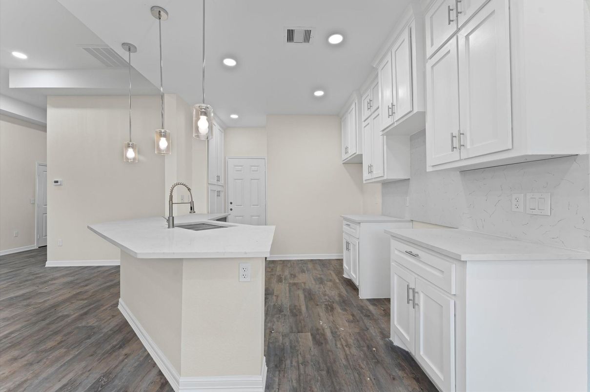 Interior, Kitchen, Pendant Lights, Recessed Lighting, Wood Texture Flooring