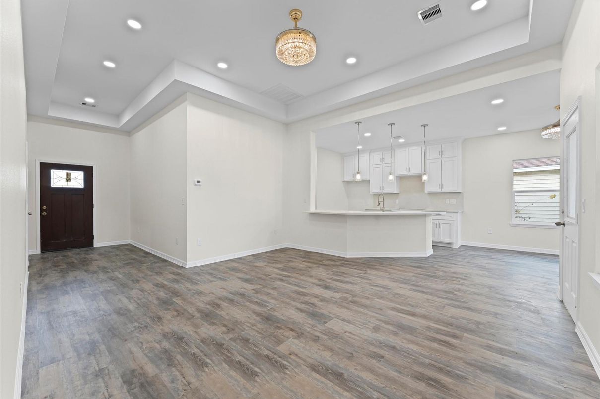 Empty room, Interior, Pendant Lights, Recessed Lighting, Wood Texture Flooring