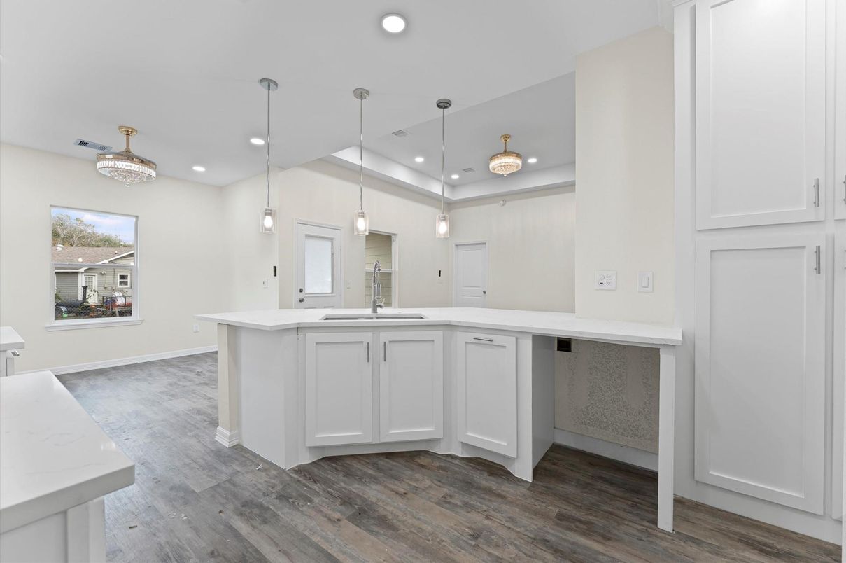 Chandelier, Interior, Kitchen, Pendant Lights, Recessed Lighting, Wood Texture Flooring