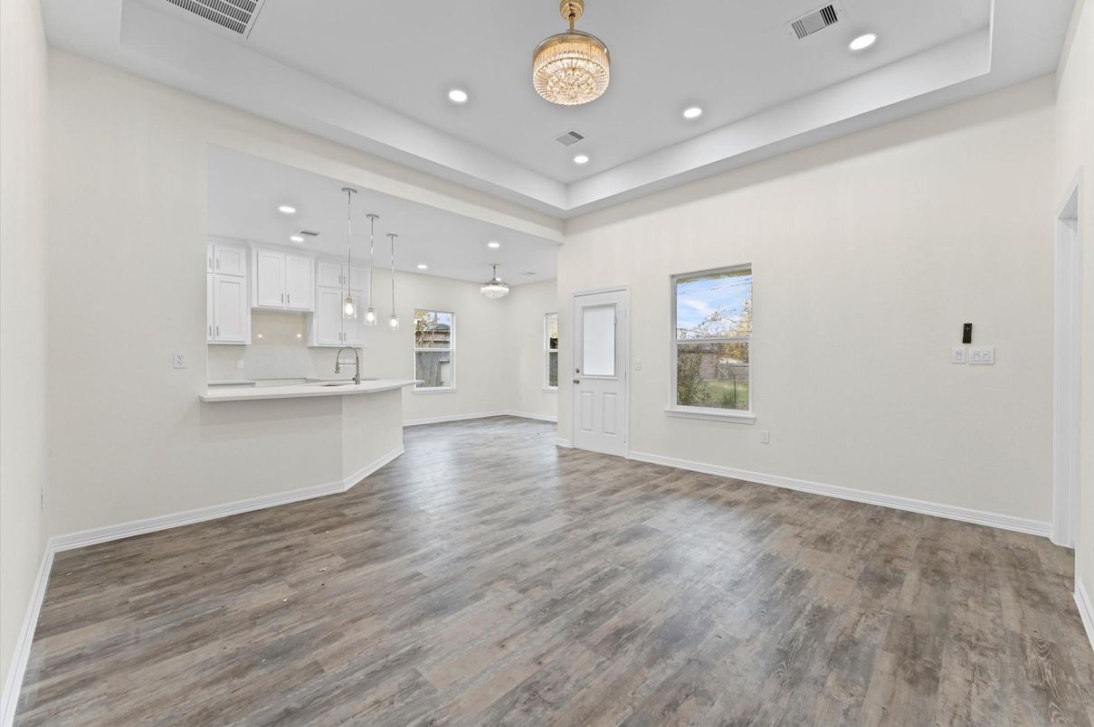 Chandelier, Empty room, Interior, Kitchen, Pendant Lights, Recessed Lighting, Wood Texture Flooring