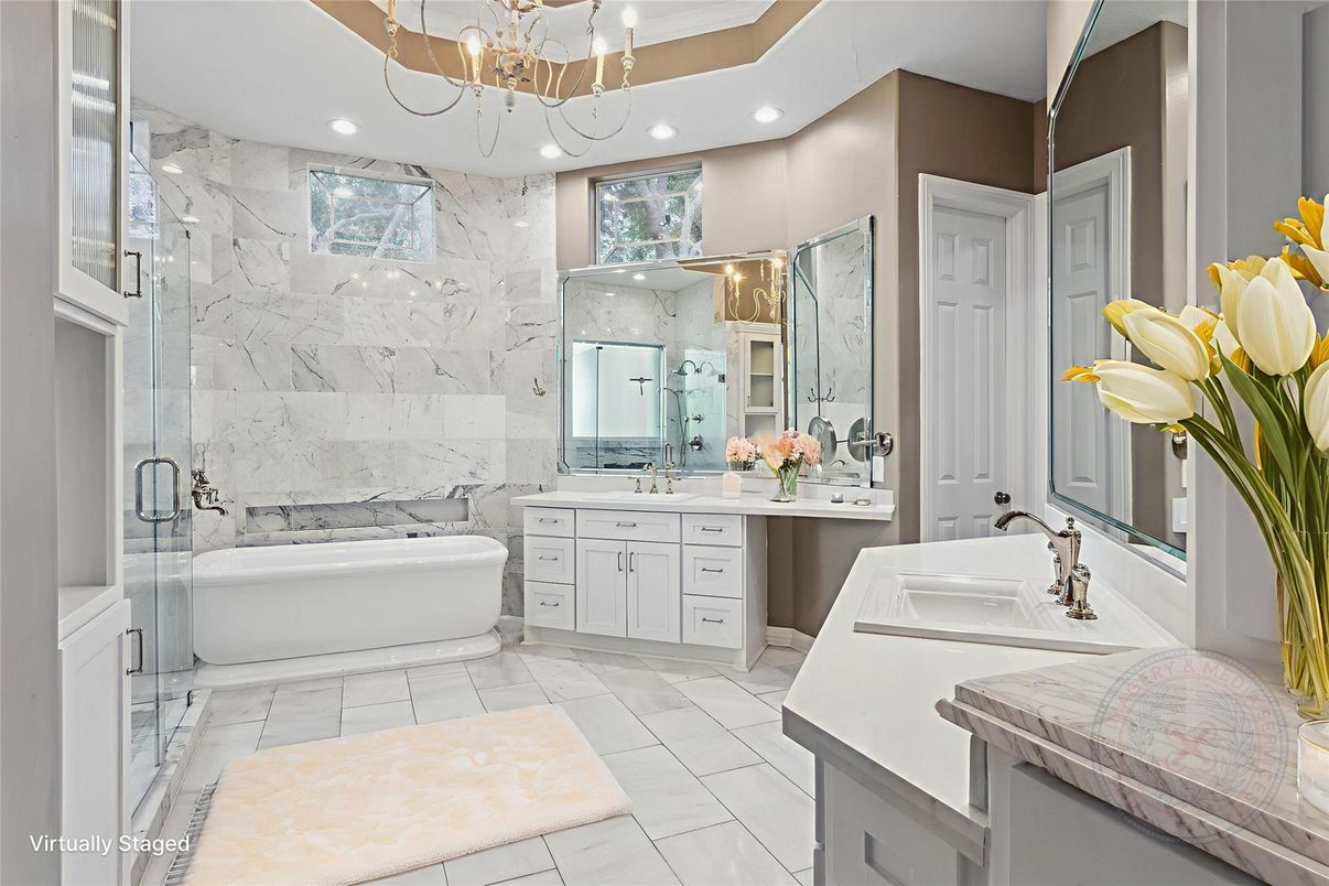 Bathroom, Dual Sink Vanities, Interior, Marble, Marble Walls, Recessed Lighting