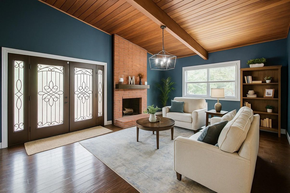 Fireplace, Interior, Living room, Pendant Lights, Wooden Beams, Wooden Ceilings, Wood Texture Flooring