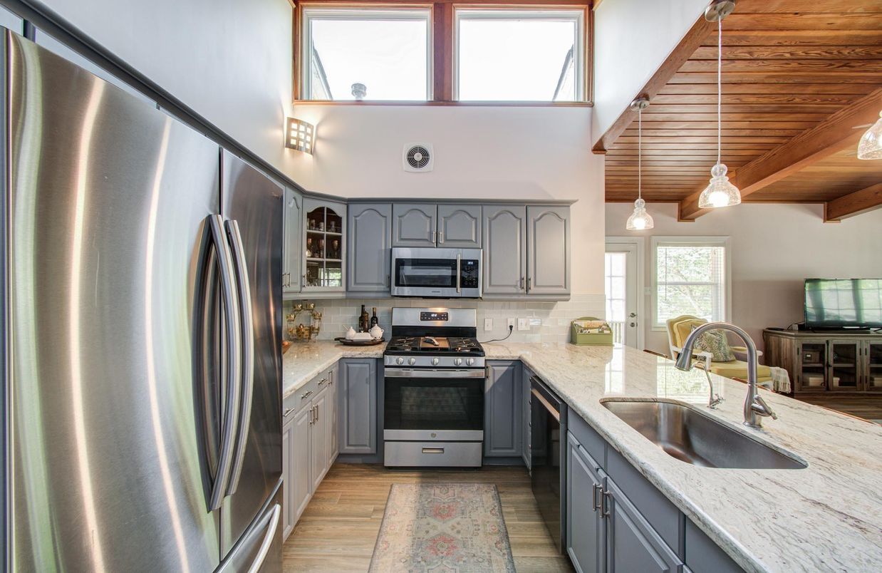 Interior, Kitchen, Pendant Lights, Stainless Steel Appliances, Wooden Beams, Wooden Ceilings, Wood Texture Flooring