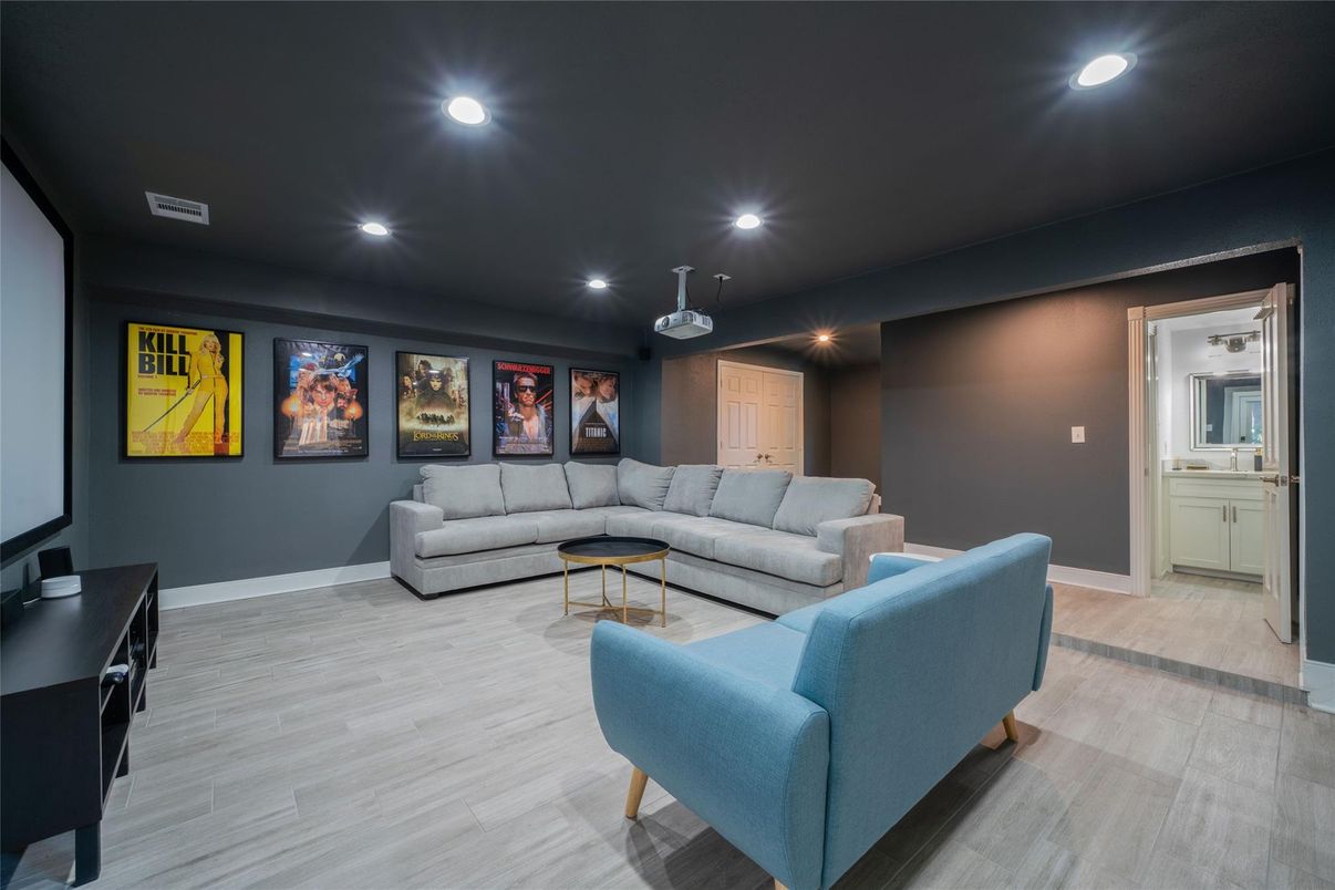 Interior, Living room, Projection Screen, Recessed Lighting, Wood Texture Flooring