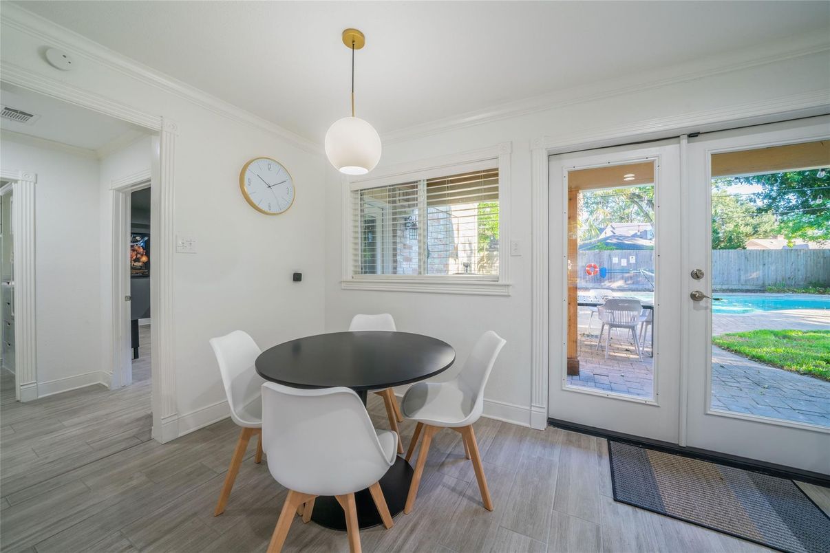 Dining room, Interior, Pendant Lights, Wood Texture Flooring