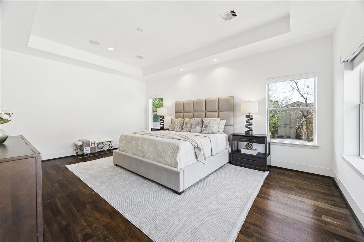 Bedroom, Interior, Recessed Lighting, Wood Texture Flooring