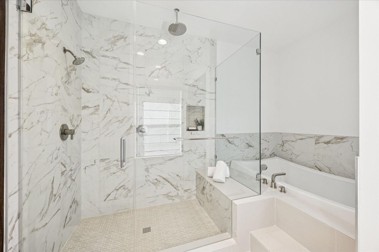 Bathroom, Glass Shower, Interior, Marble Walls, Recessed Lighting