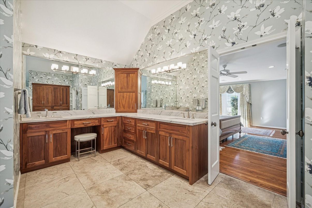 Bathroom, Dual Sink Vanities, Interior, Recessed Lighting, Tile Countertops, Wood Texture Flooring