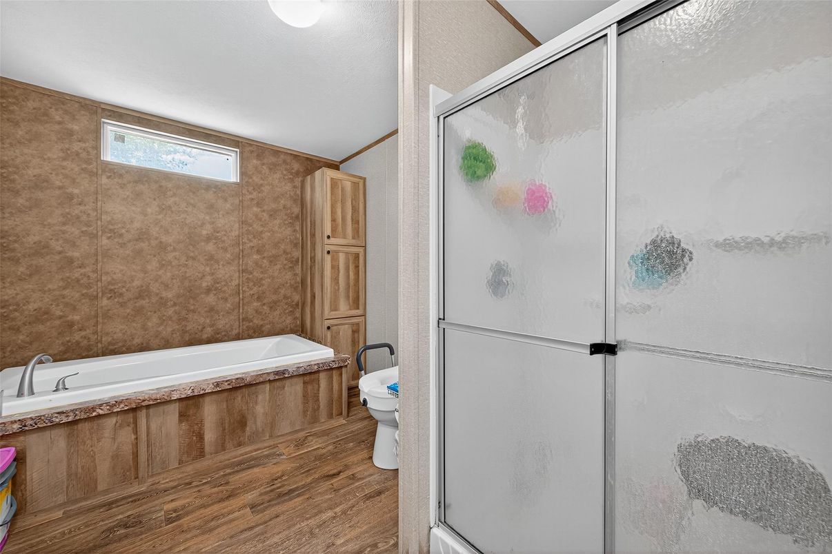 Bathroom, Glass Shower, Interior, Wood Texture Flooring