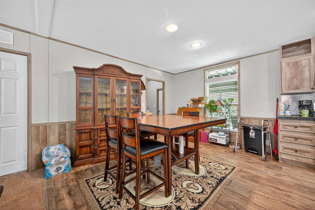 Dining room, Interior, Recessed Lighting, Wood Texture Flooring