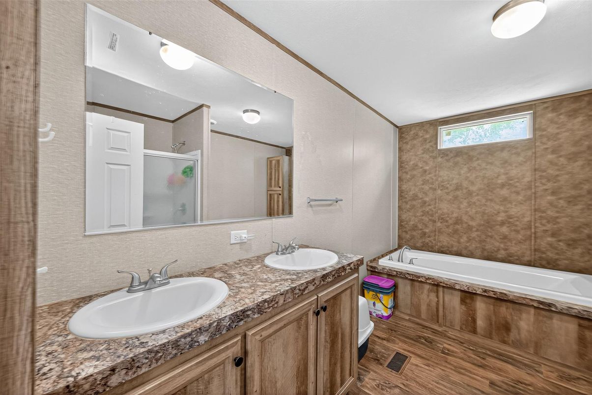 Bathroom, Dual Sink Vanities, Interior, Wood Texture Flooring
