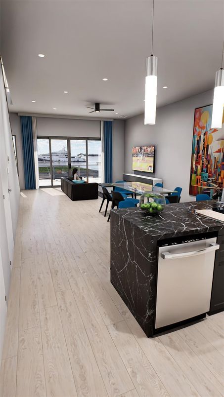 Dining room, Interior, Kitchen, Pendant Lights, Recessed Lighting, Wood Texture Flooring