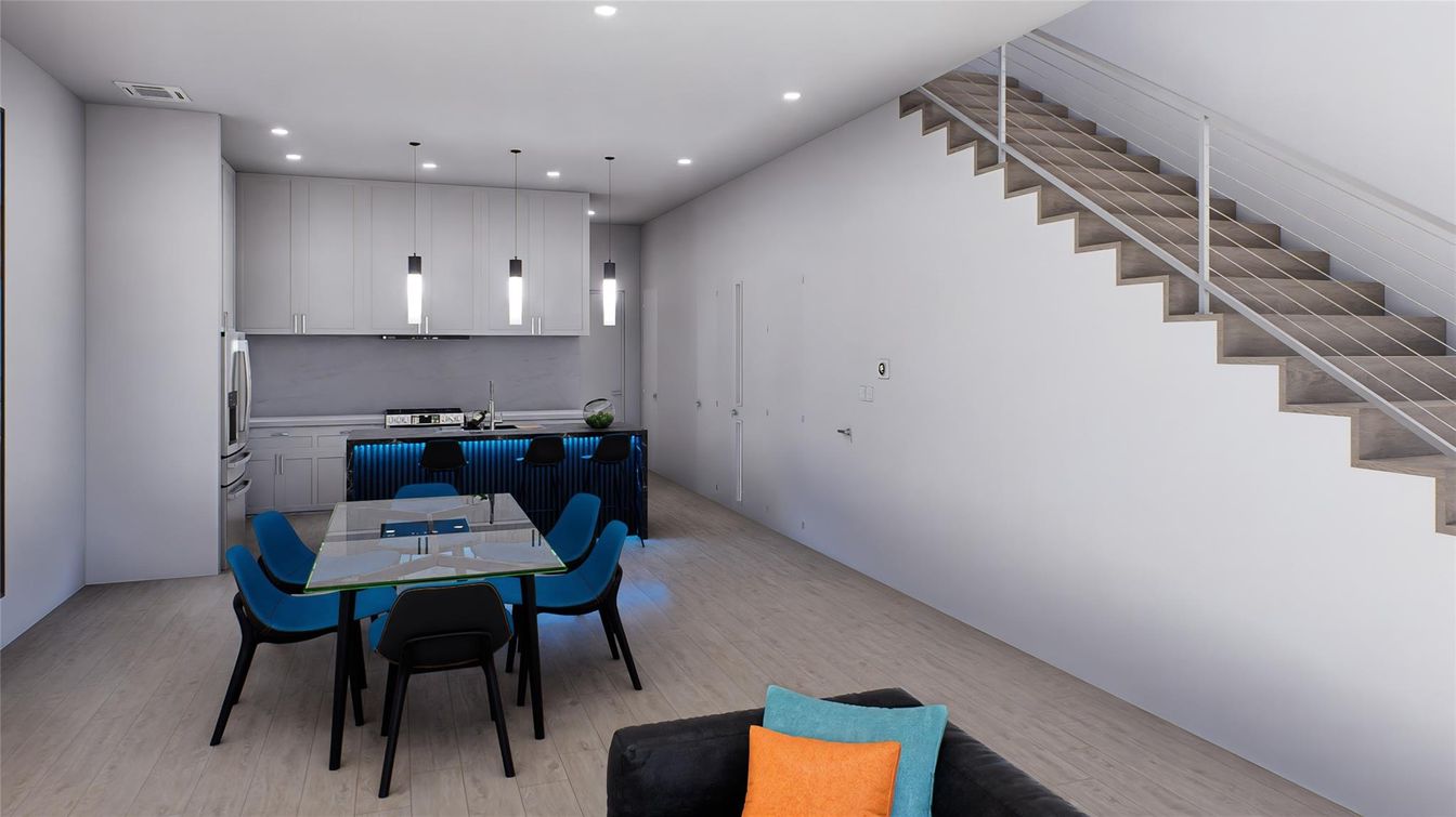 Dining room, Interior, Kitchen, Pendant Lights, Recessed Lighting, Wood Texture Flooring