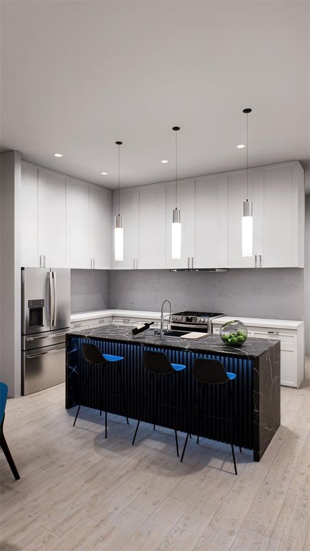 Interior, Kitchen, Pendant Lights, Recessed Lighting, Stainless Steel Appliances, Wood Texture Flooring