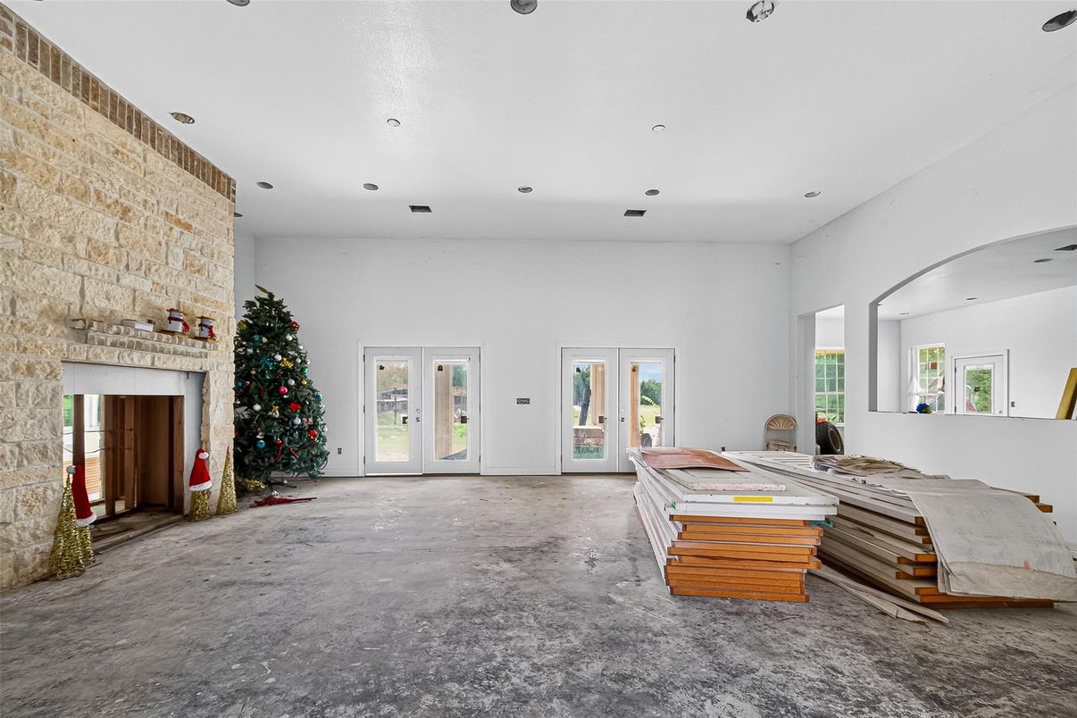 Fireplace, Interior, Recessed Lighting, Stone Walls