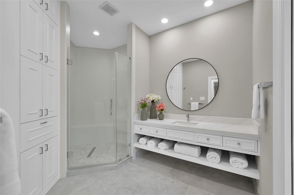 Bathroom, Dual Sink Vanities, Glass Shower, Interior, Recessed Lighting