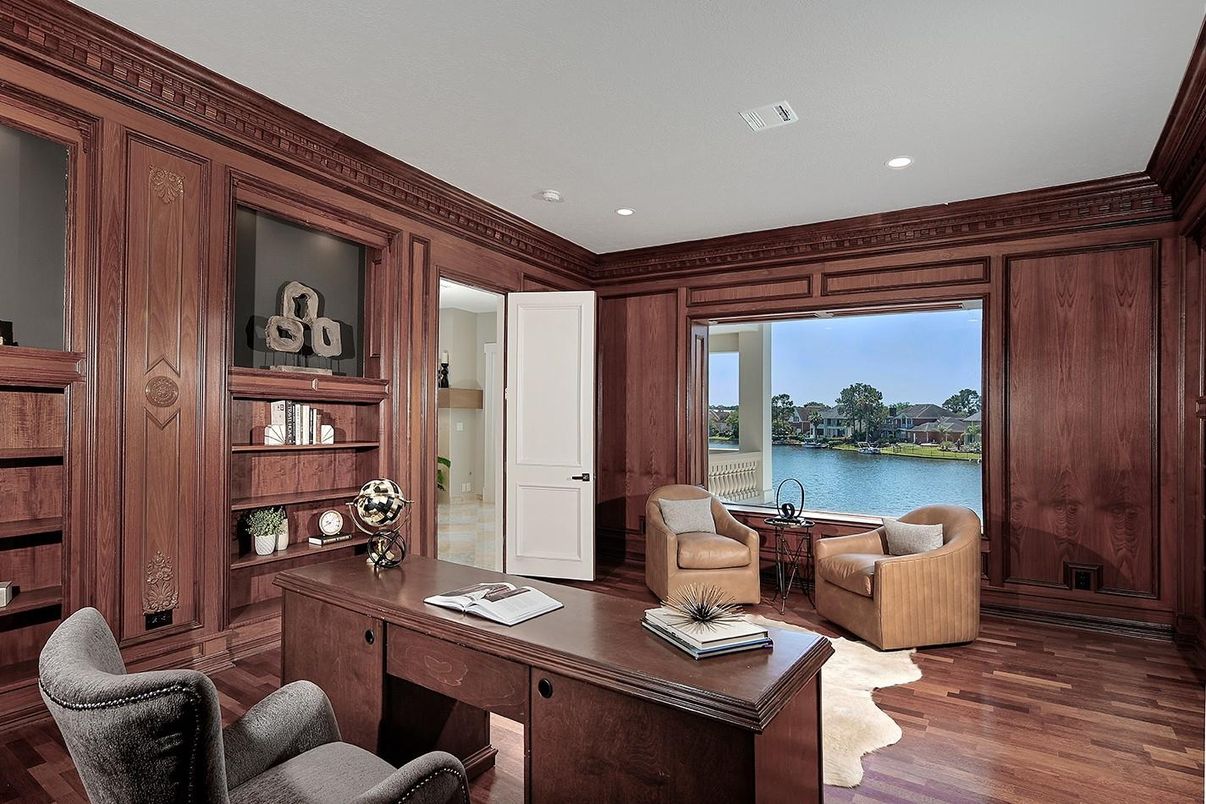 Home Office, Interior, Recessed Lighting, Water, Wood Texture Flooring, Wooden Walls