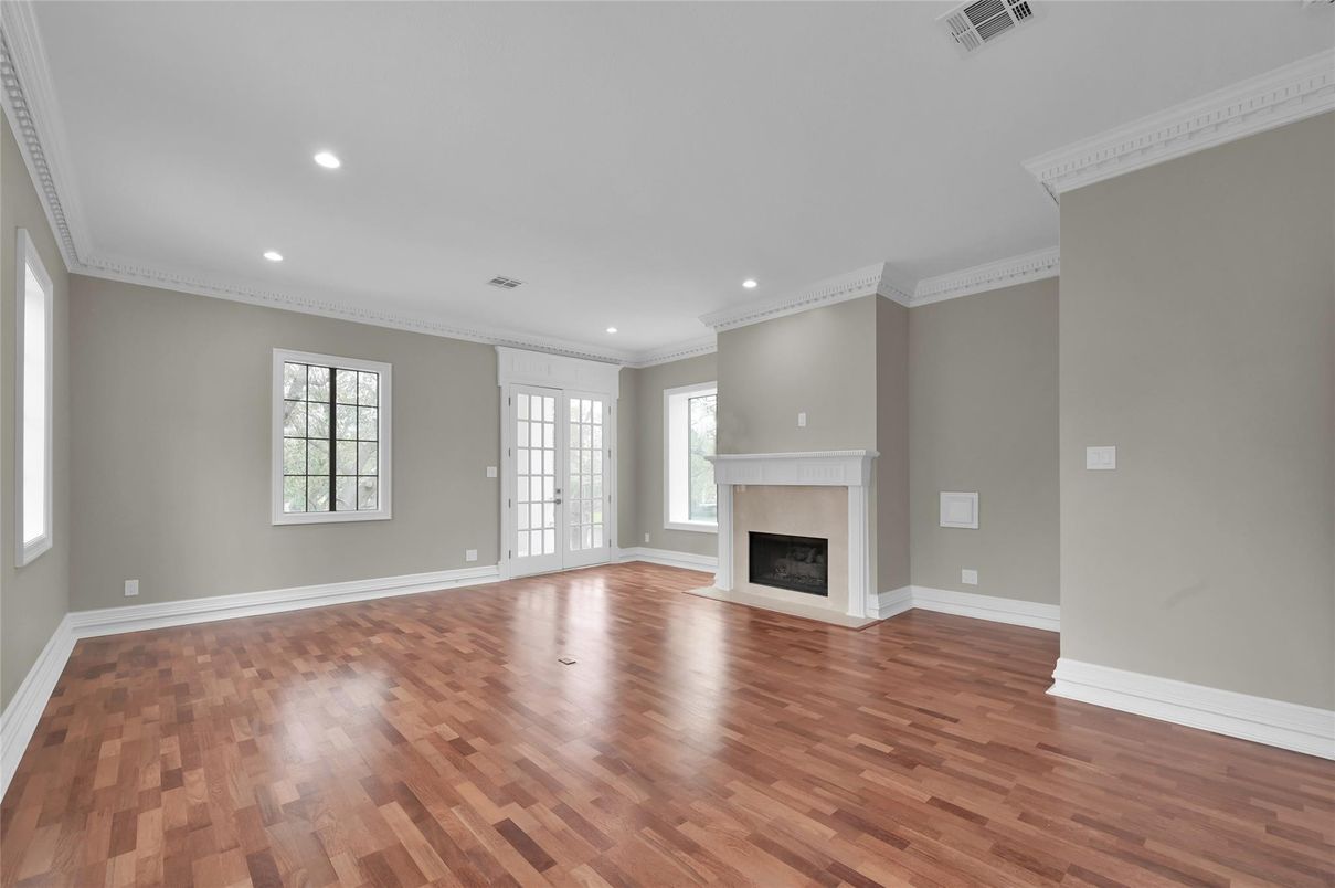 Empty room, Fireplace, Interior, Recessed Lighting, Wood Texture Flooring
