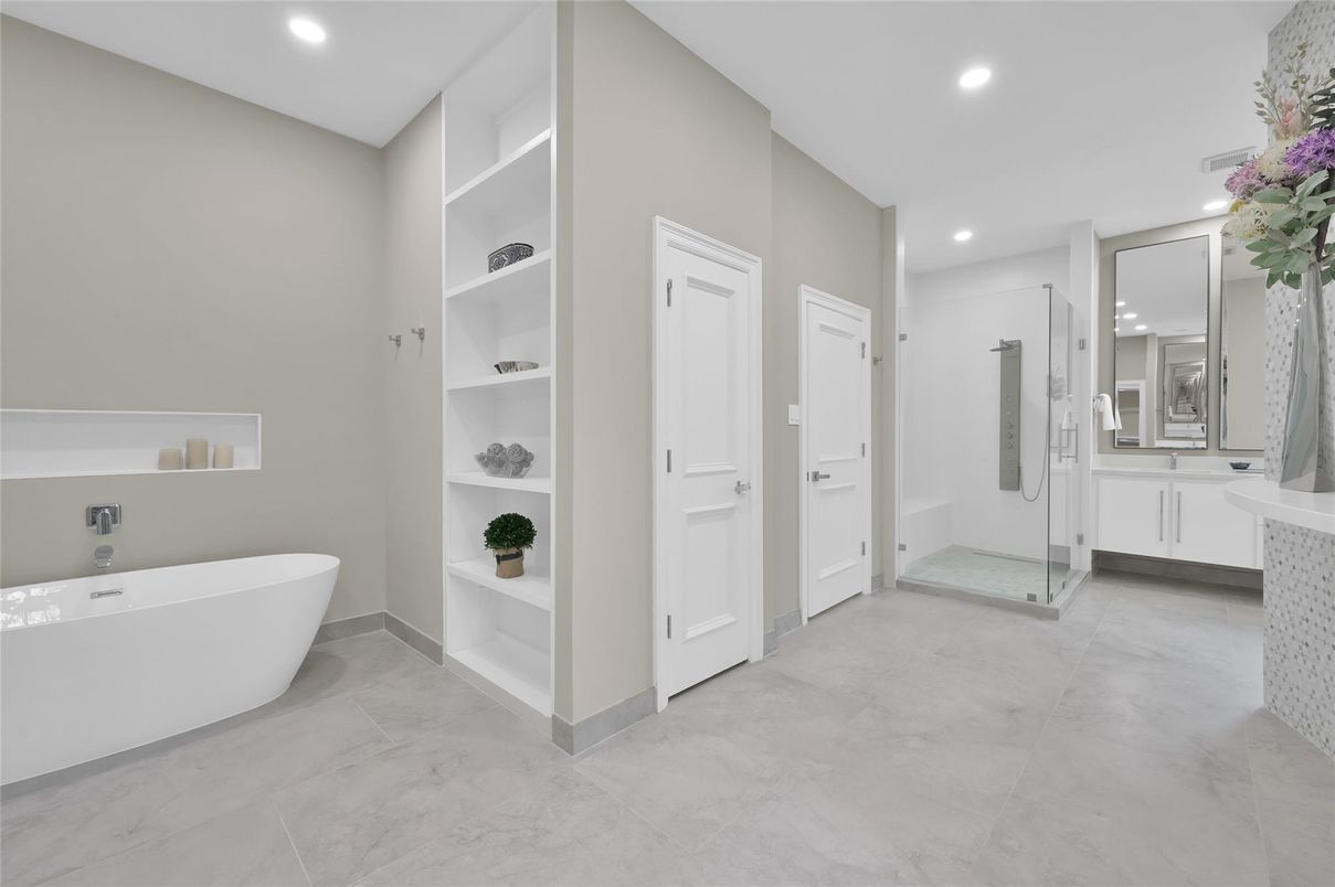 Bathroom, Free Standing Baths, Glass Shower, Interior, Marble, Recessed Lighting