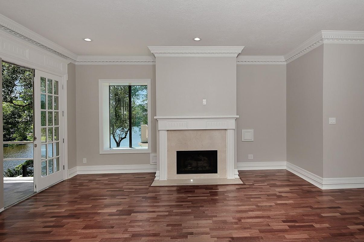 Empty room, Fireplace, Interior, Recessed Lighting, Wood Texture Flooring