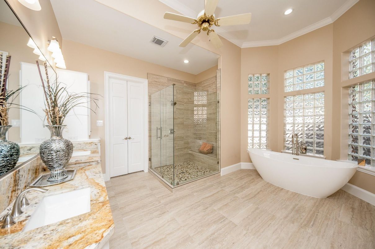 Bathroom, Free Standing Baths, Glass Shower, Interior, Recessed Lighting, Wood Texture Flooring