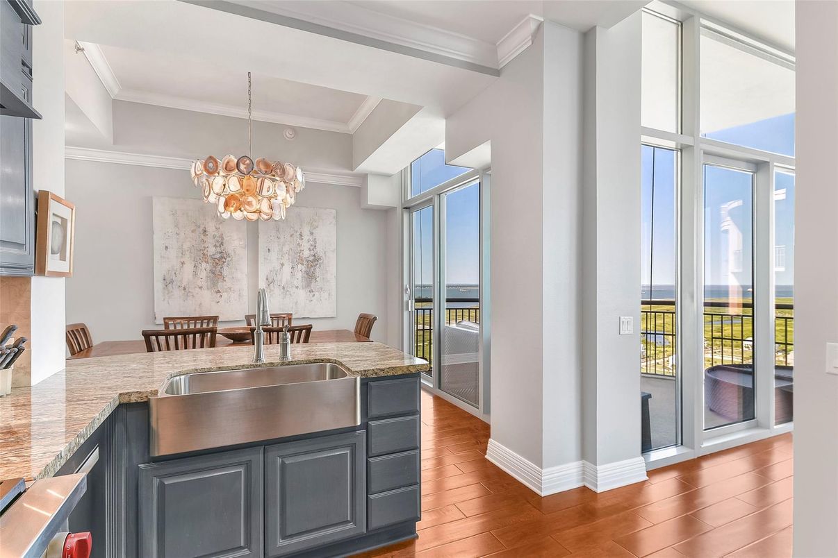 Chandelier, Dining room, Interior, Water, Wood Texture Flooring