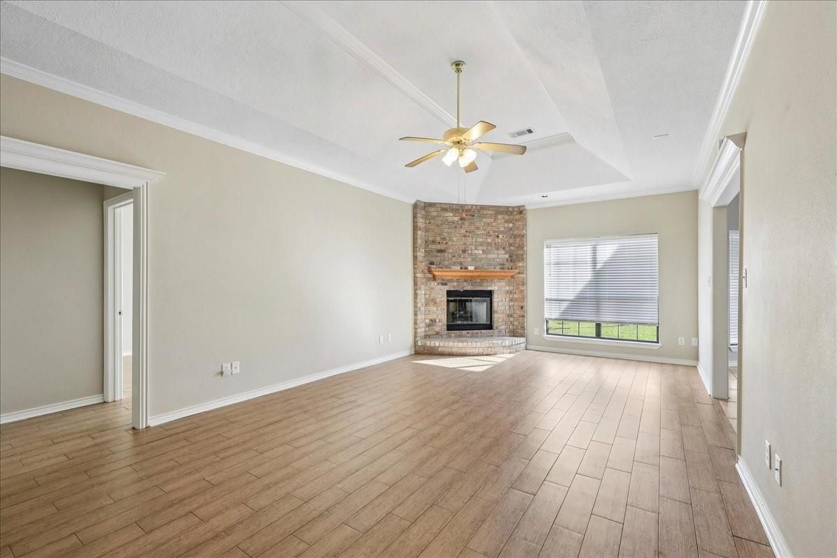 Empty room, Fireplace, Interior, Stone Walls, Wood Texture Flooring