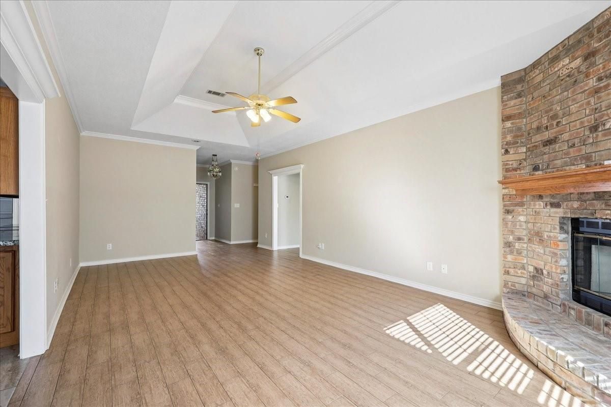 Empty room, Fireplace, Interior, Stone Walls, Wood Texture Flooring