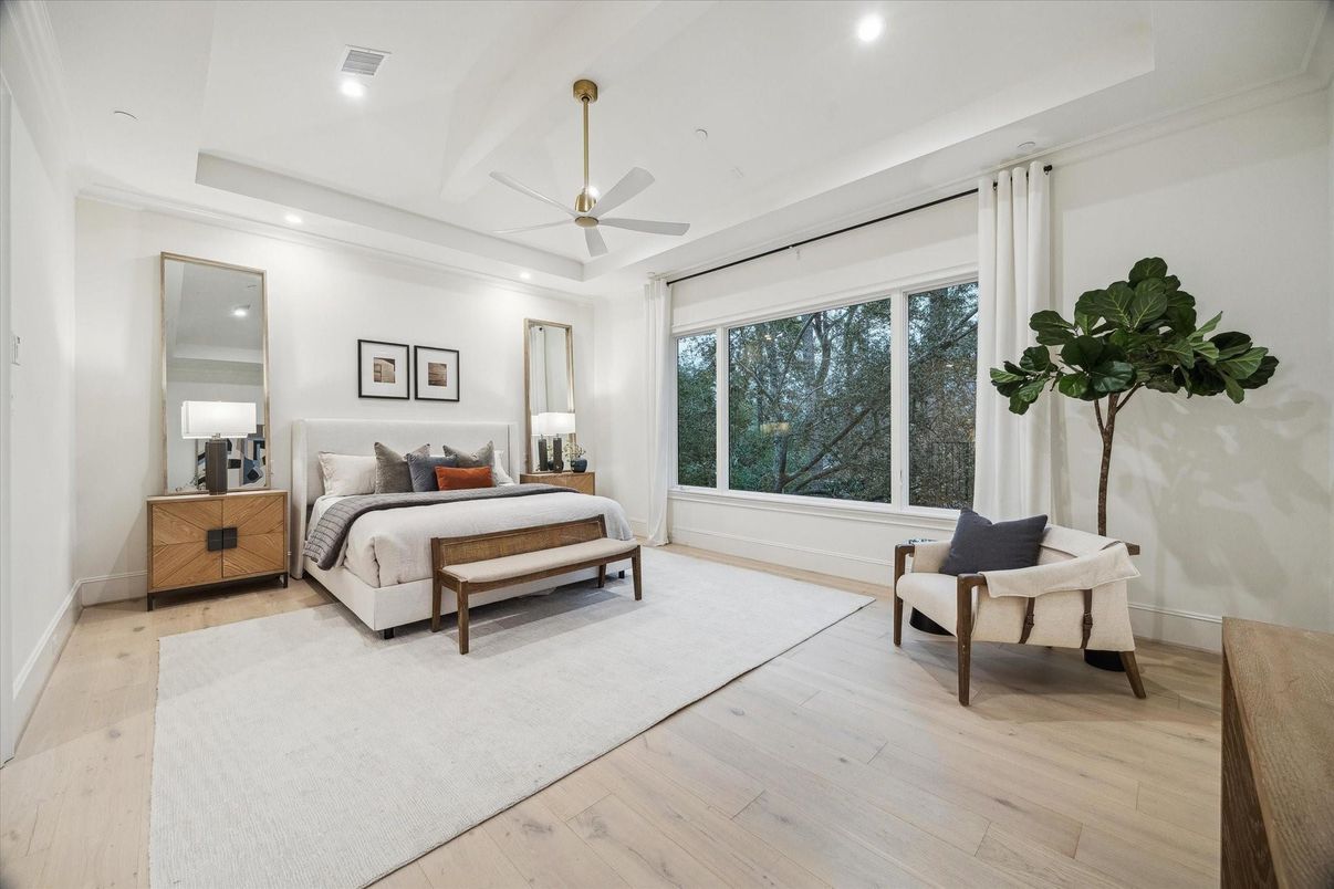 Bedroom, Interior, Recessed Lighting, Wood Texture Flooring
