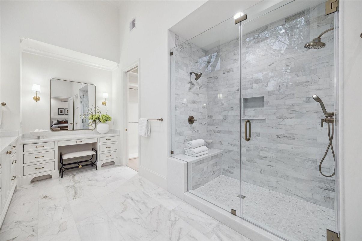 Bathroom, Glass Shower, Interior, Marble, Marble Walls, Recessed Lighting