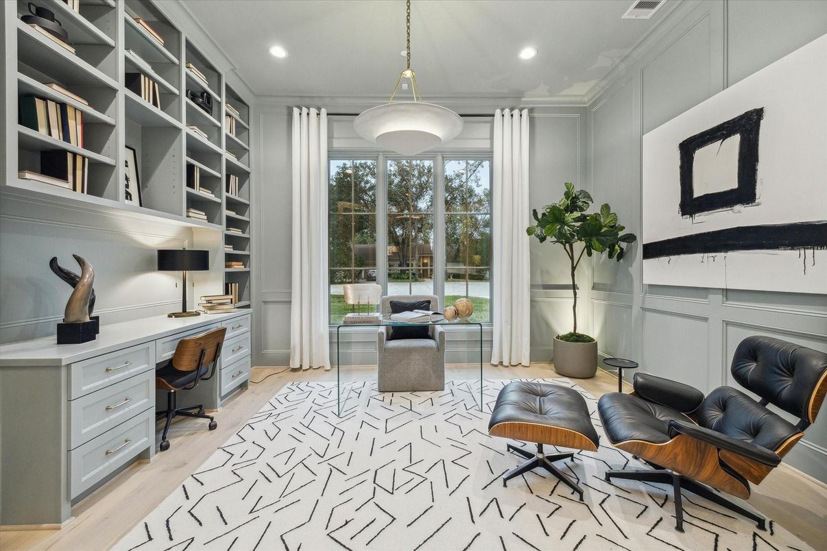 Home Office, Interior, Pendant Lights, Recessed Lighting, Wood Texture Flooring