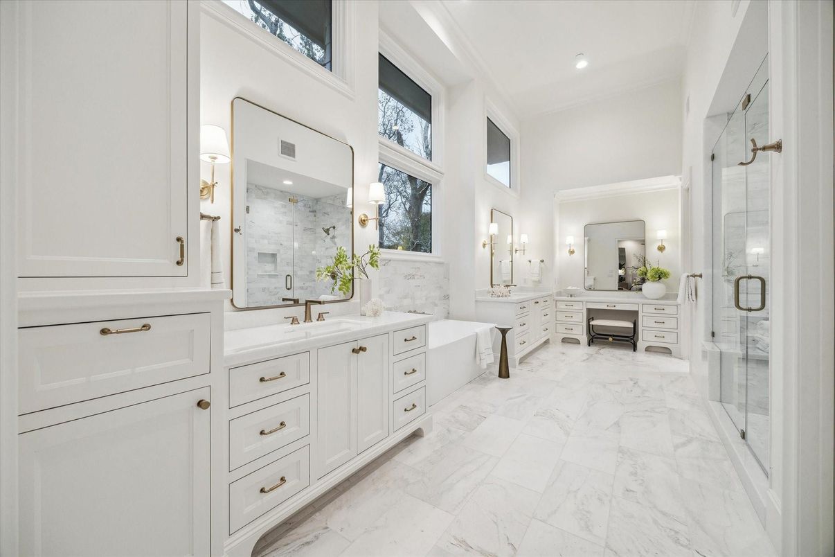 Bathroom, Dual Sink Vanities, Glass Shower, Interior, Marble, Recessed Lighting